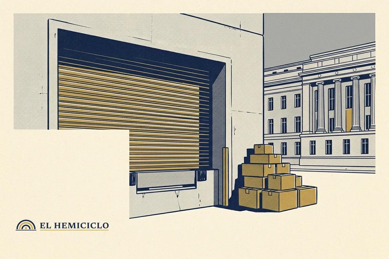 Ilustración de El Hemiciclo · el muelle de carga cerrado y la sede investigadora, en calma