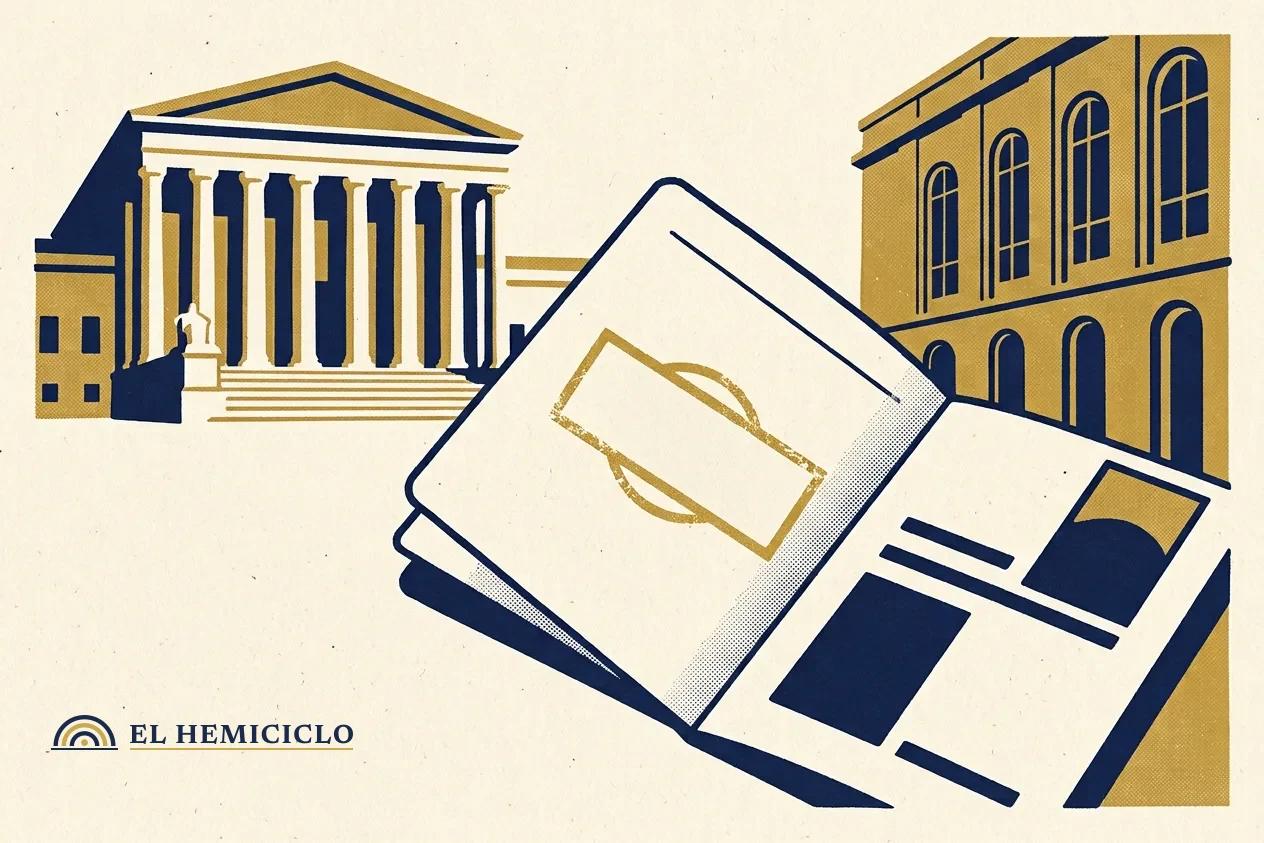 Ilustración de El Hemiciclo · el pasaporte sellado y las sedes de gobierno y justicia