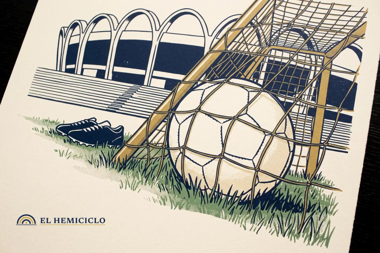 Ilustración de El Hemiciclo · el balón en la portería y las gradas del estadio de Nacional