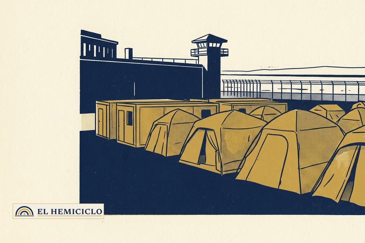Ilustración de El Hemiciclo · el campamento junto a la cárcel de Ceuta y la valla