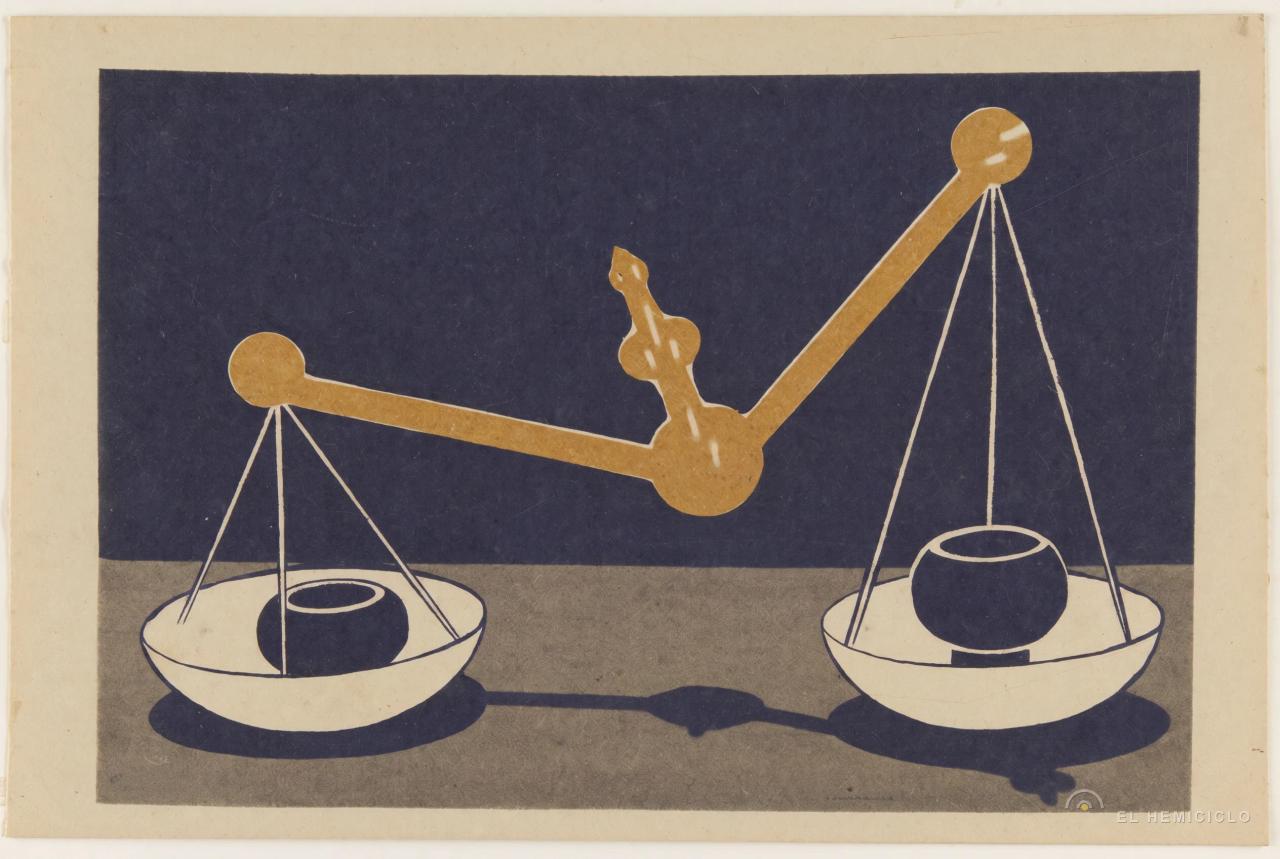 Balanza de justicia desequilibrada con un brazo de madera levantado, dos platillos con pesas, sobre fondo azul oscuro y gris