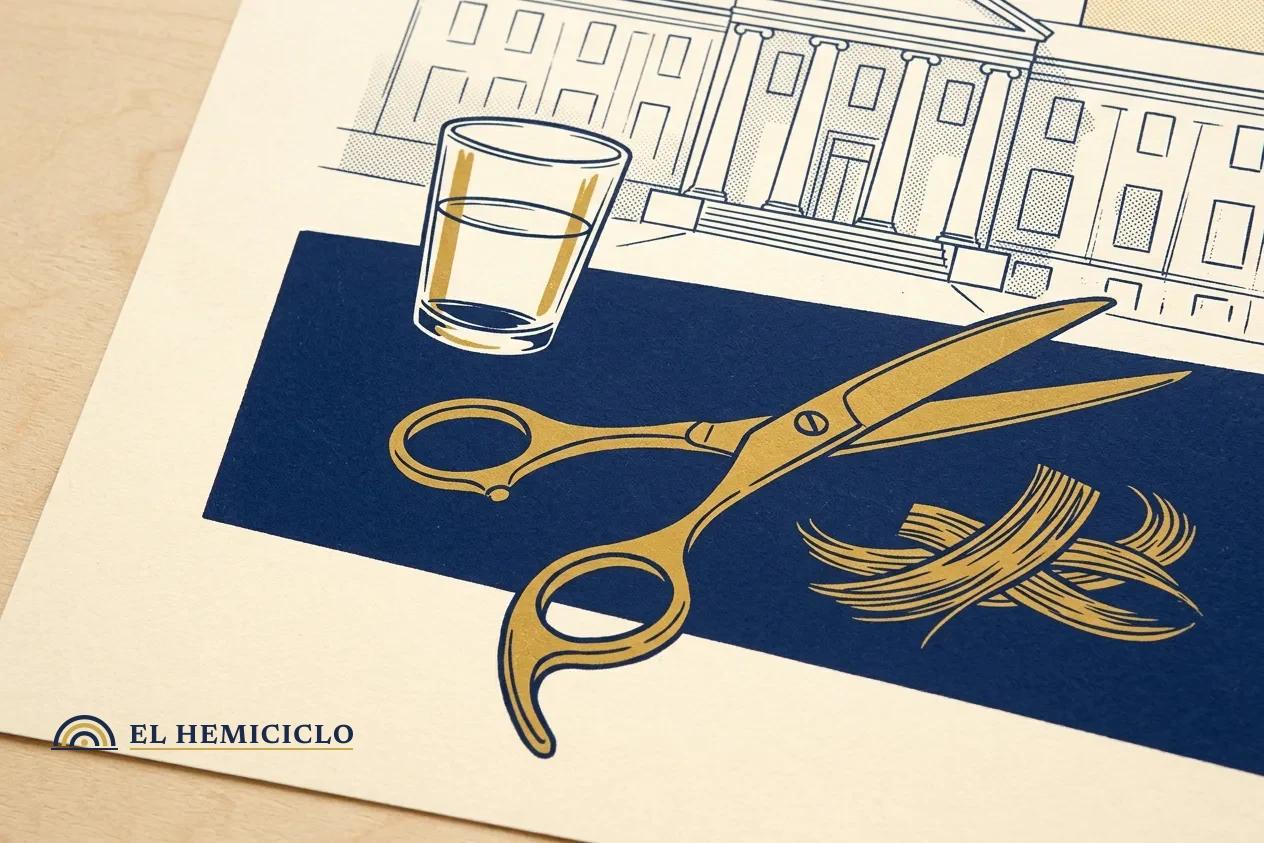 Ilustración de El Hemiciclo · la tijera y el cabello trasquilado junto al vaso
