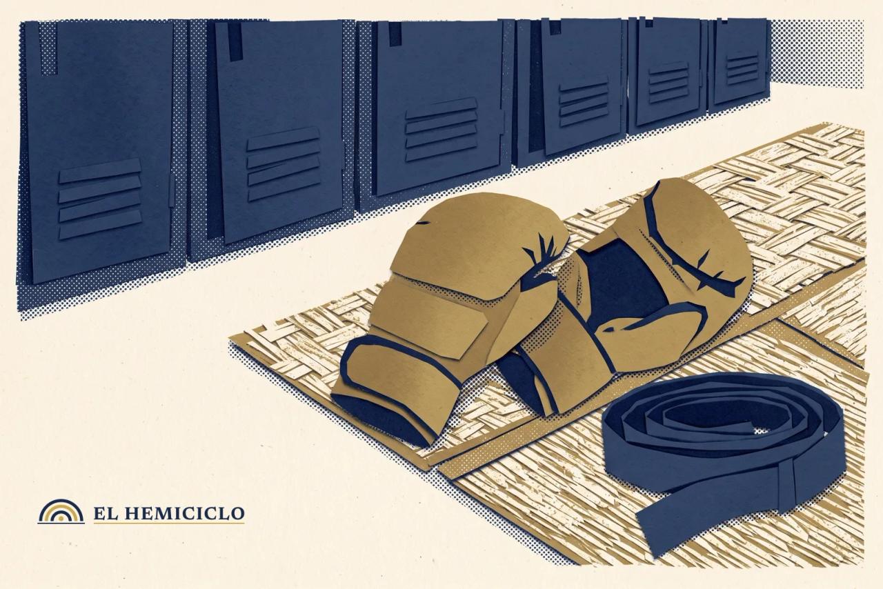 Ilustración de El Hemiciclo · los guantes de artes marciales y el pasillo escolar vacío