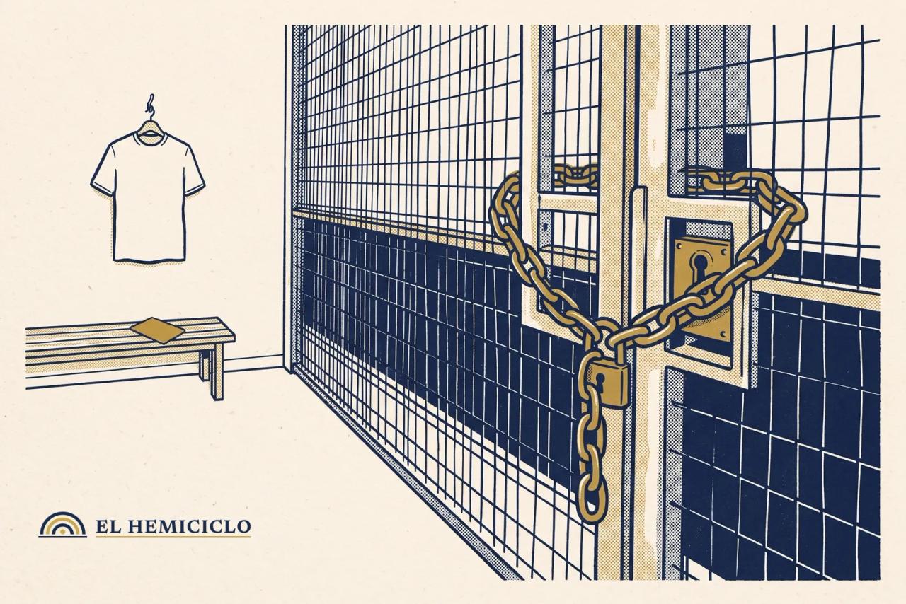 Ilustración de El Hemiciclo · la verja cerrada de la concentración y la camiseta