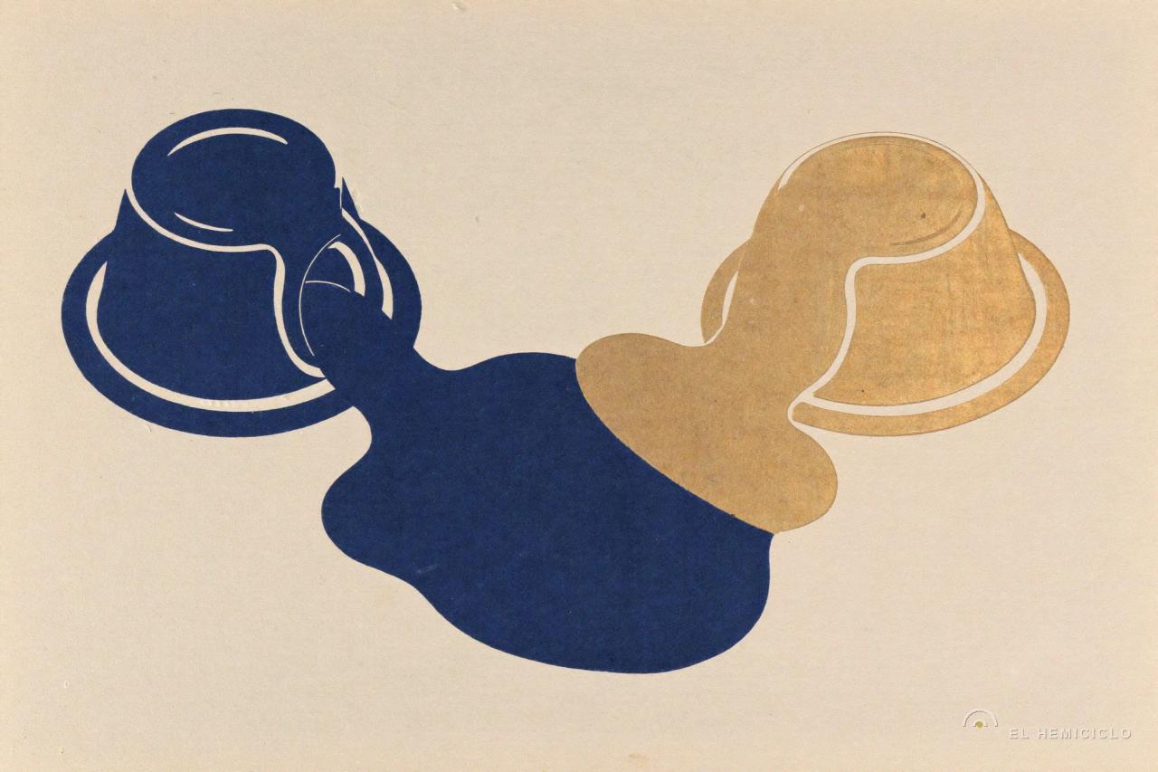 Ilustración abstracta de dos sombreros: uno azul oscuro y otro marrón claro, conectados por una forma corporal azul sobre