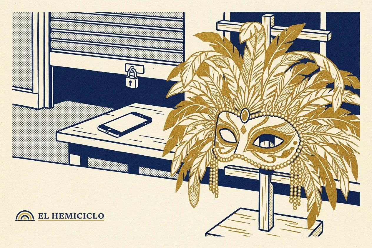 Ilustración de El Hemiciclo · la máscara de carnaval, el teléfono y la persiana