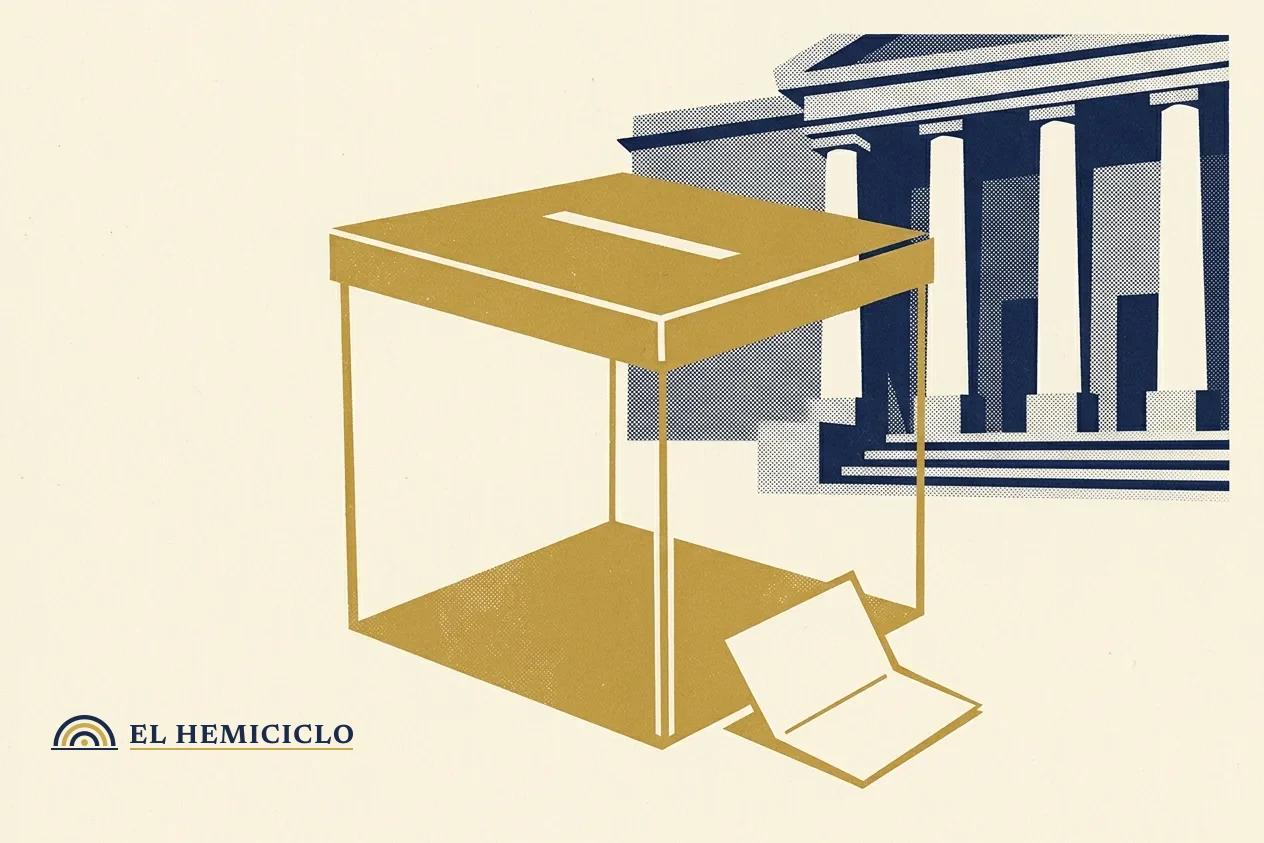 Ilustración de El Hemiciclo · la urna electoral y la boleta en blanco frente al INE