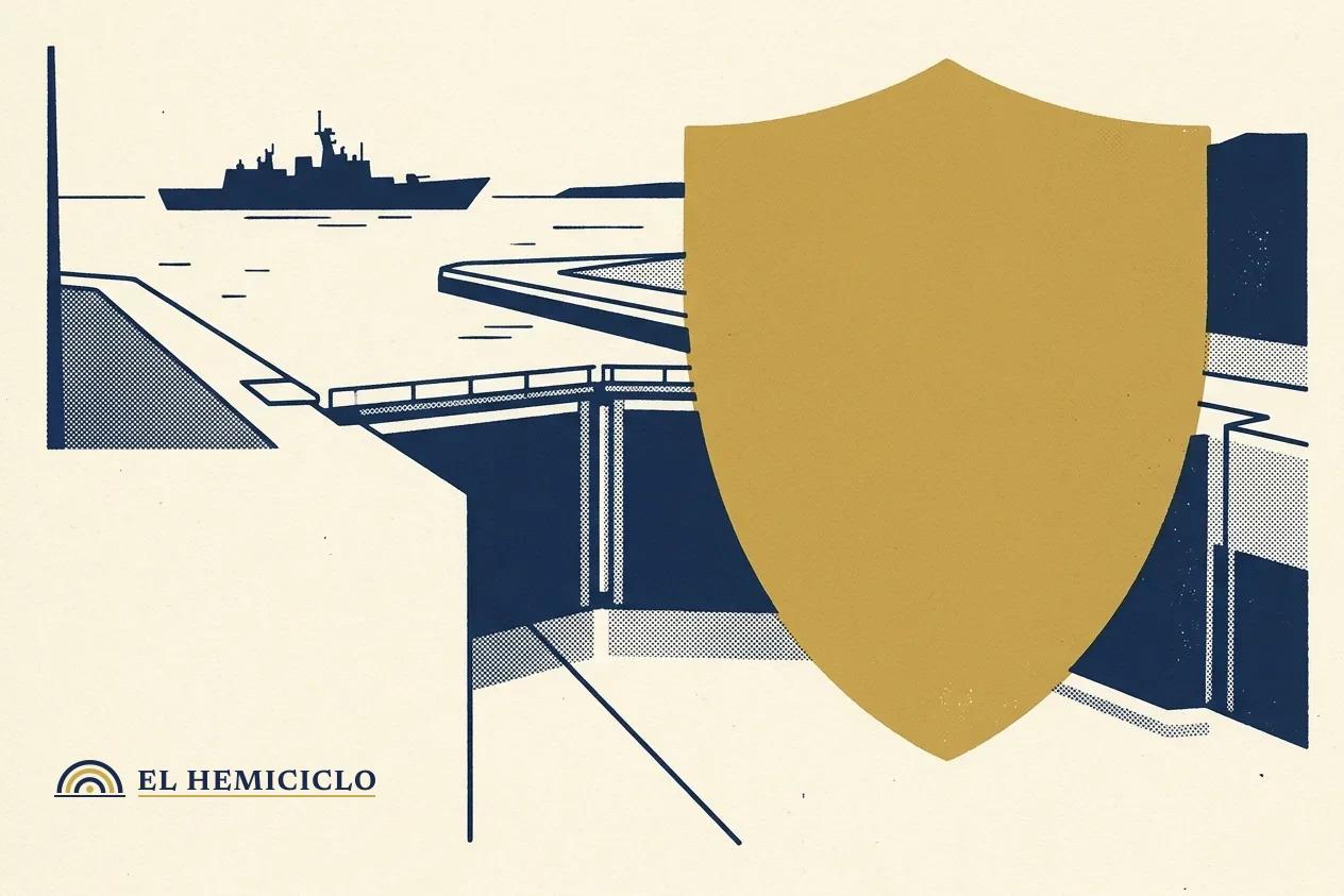 Ilustración de El Hemiciclo · el escudo liso y las esclusas del Canal de Panamá