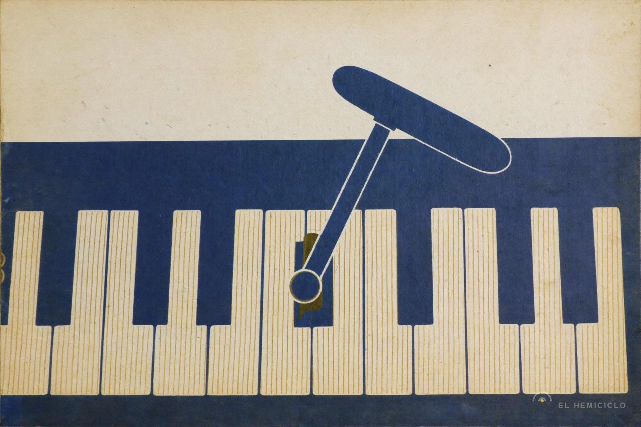 Ilustración de un micrófono azul apuntando hacia las teclas de un piano, sobre fondo blanco y azul