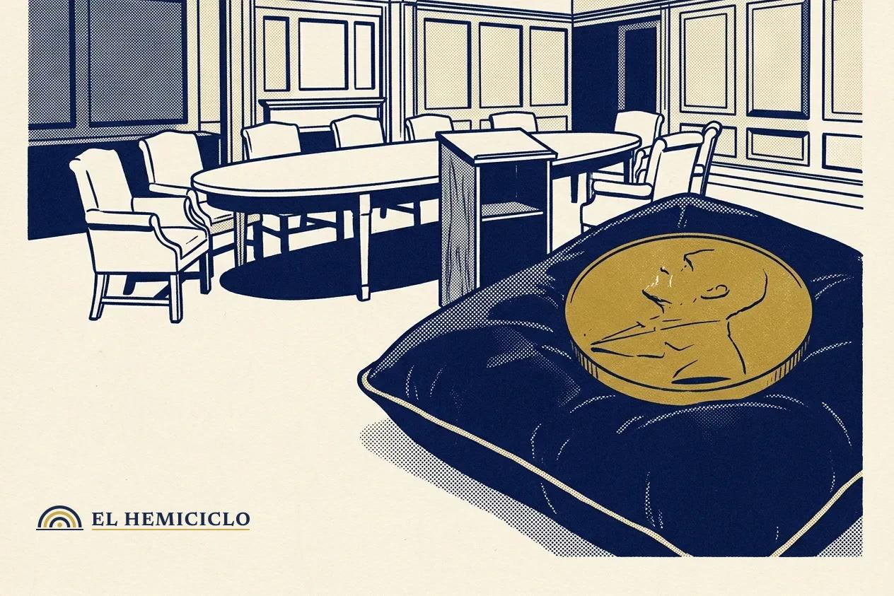 Ilustración de El Hemiciclo · la medalla de la paz y la sala vacía del comité noruego