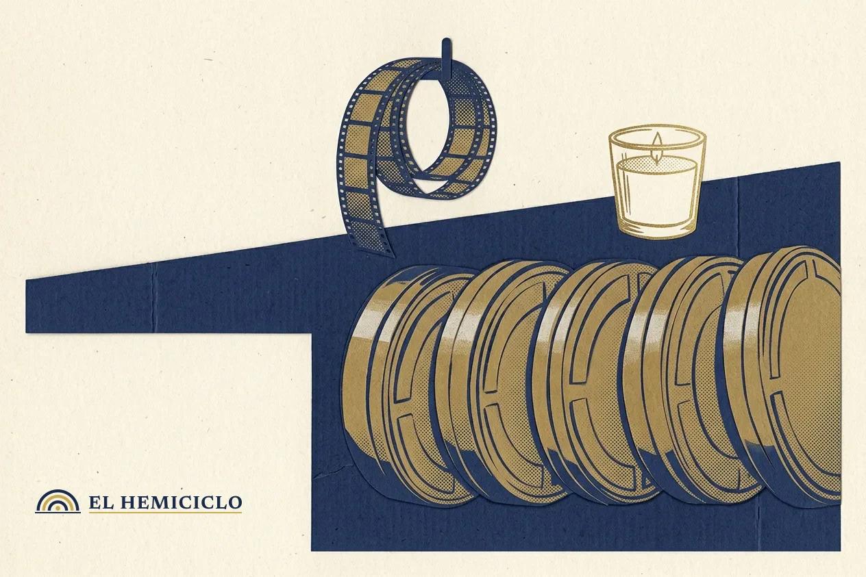 Ilustración de El Hemiciclo · las cinco latas de película del estreno simultáneo