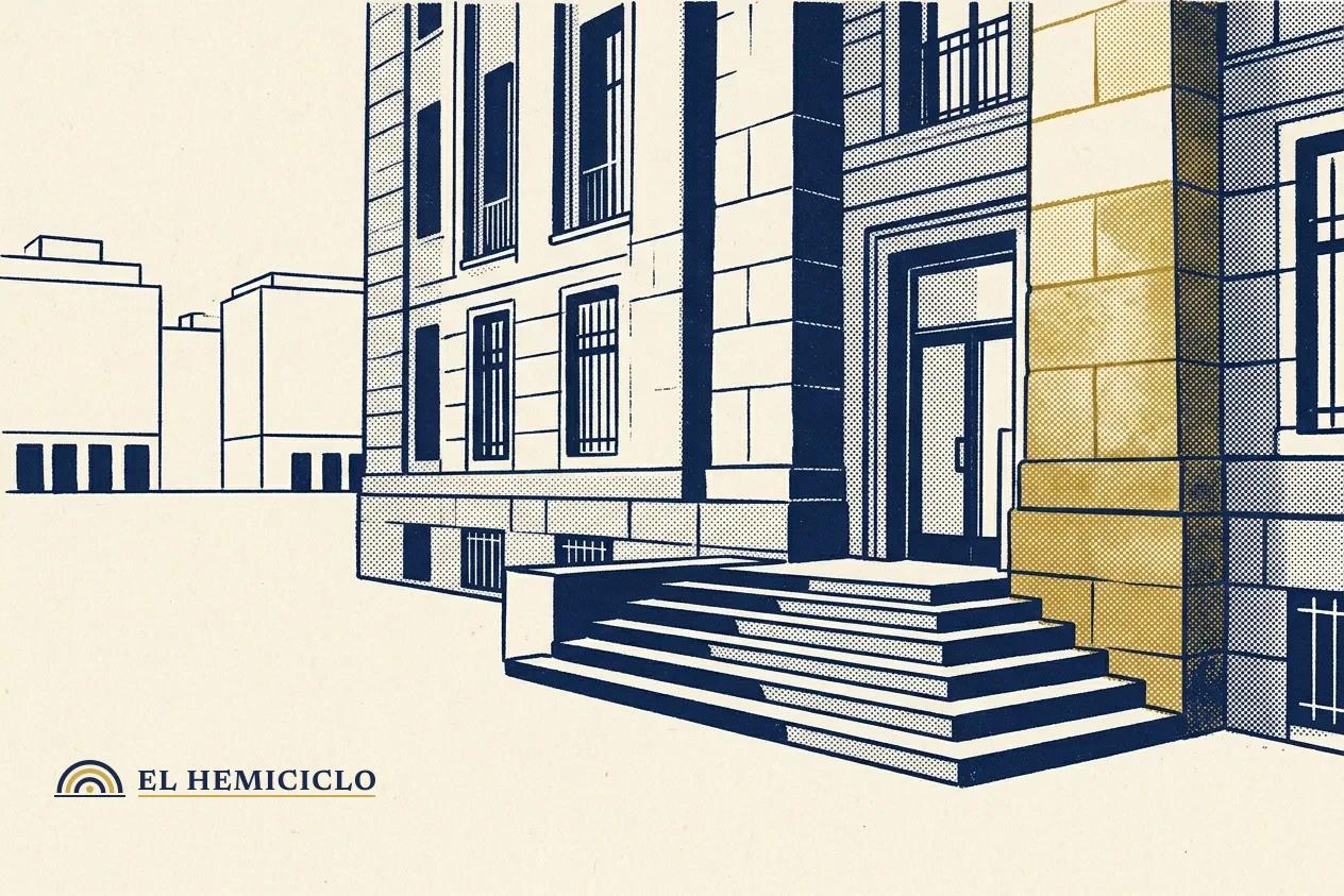Ilustración de El Hemiciclo · la fachada de la Fiscalía General de Guerrero en calma