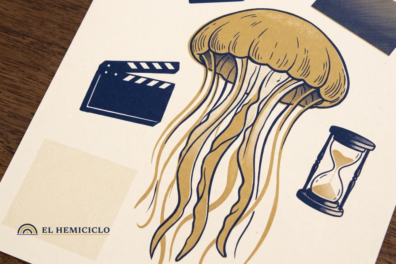 Ilustración de El Hemiciclo · la medusa, las dos claquetas y el reloj de los 35 días