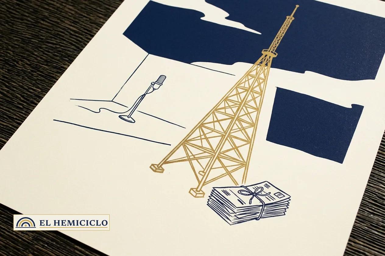 Ilustración de El Hemiciclo · la torre de transmisión de Rtvc y las facturas de la deuda