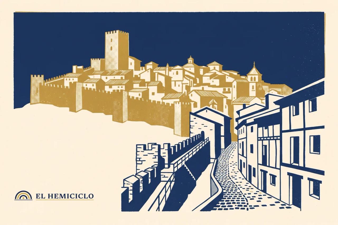 Ilustración de El Hemiciclo · el casco monumental amurallado de Albarracín en 1961