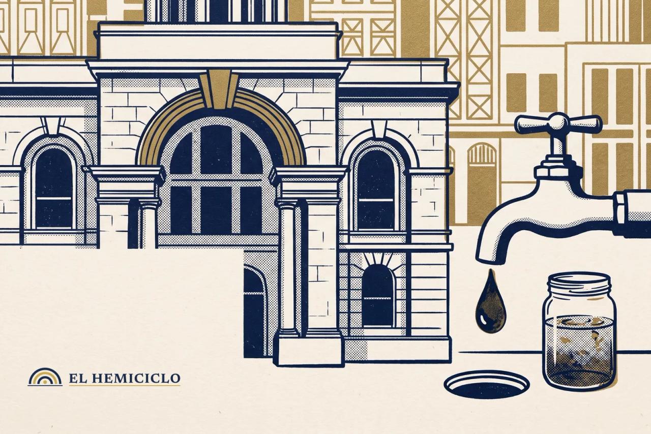 Ilustración de El Hemiciclo · la sede de gobierno de Guadalajara y el agua contaminada