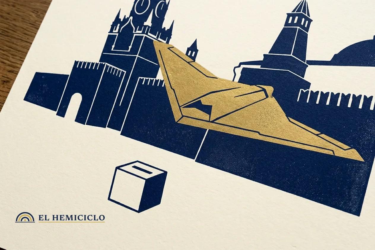 Ilustración de El Hemiciclo · el dron sobre las torres de ladrillo de Moscú en jornada