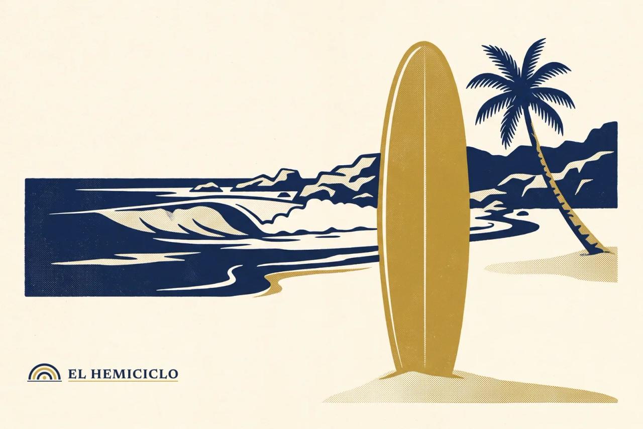 Ilustración de El Hemiciclo · la tabla de longboard frente a la ola de El Sunzal