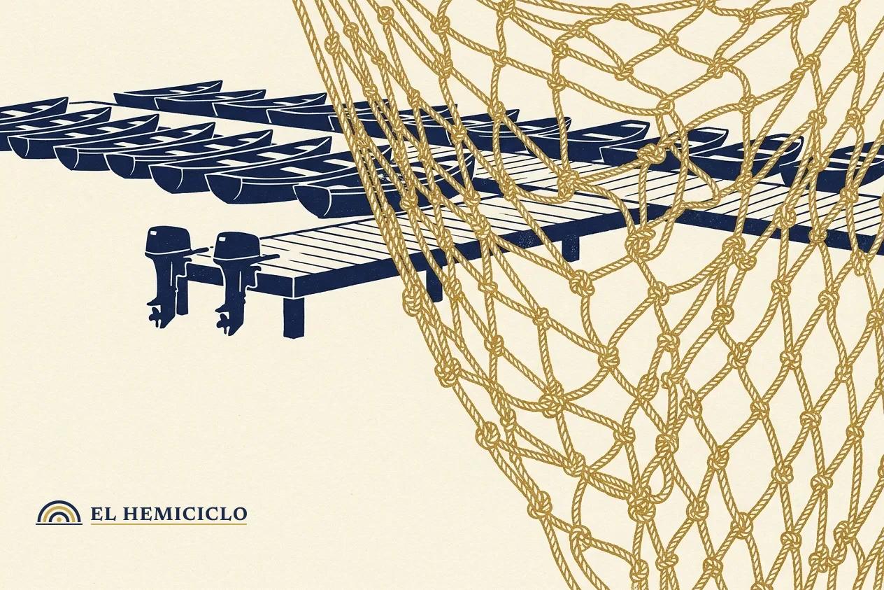 Ilustración de El Hemiciclo · la red desmantelada y las doce embarcaciones decomisadas