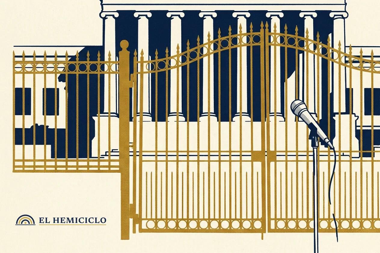 Ilustración de El Hemiciclo · la verja cerrada de la Casa Blanca y la fachada del tribunal