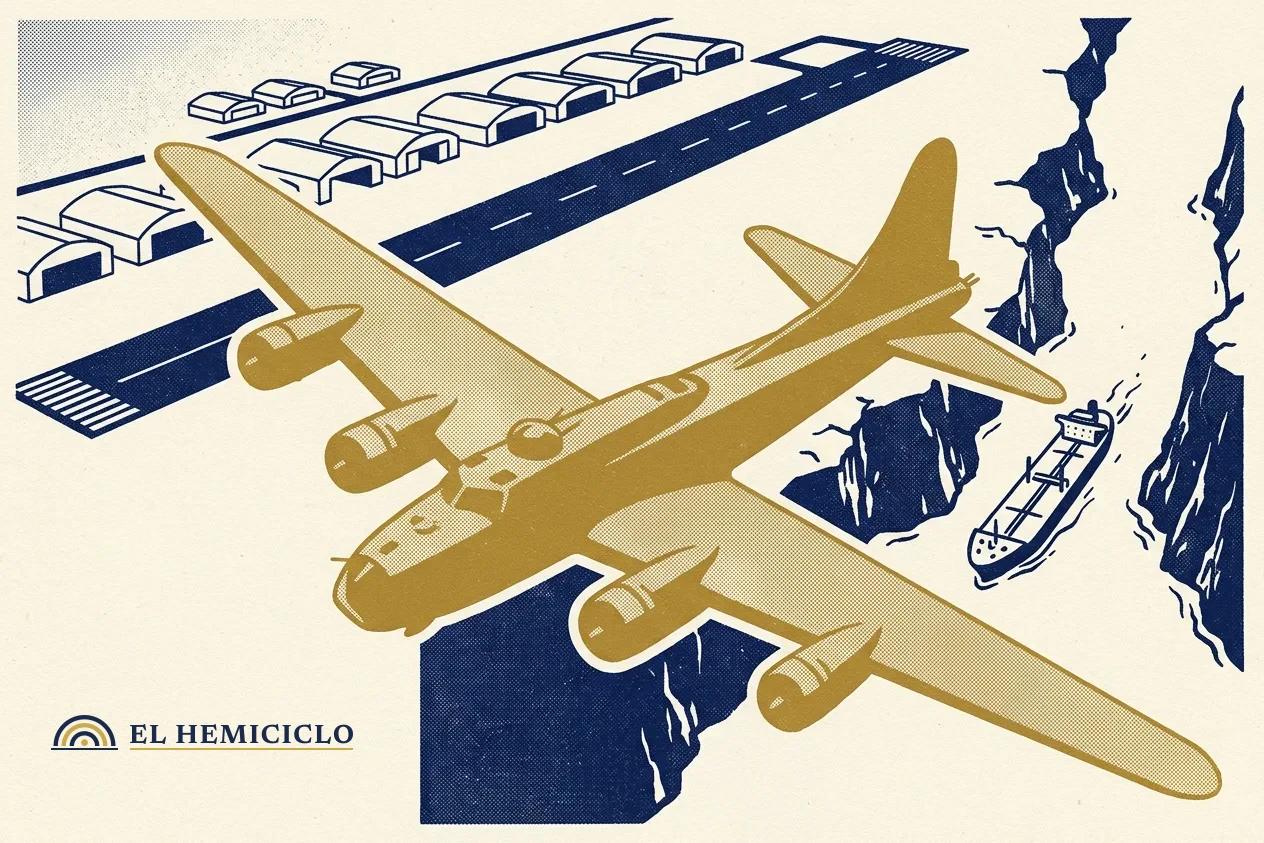 Ilustración de El Hemiciclo · el bombardero sobre las bases y el estrecho de Ormuz