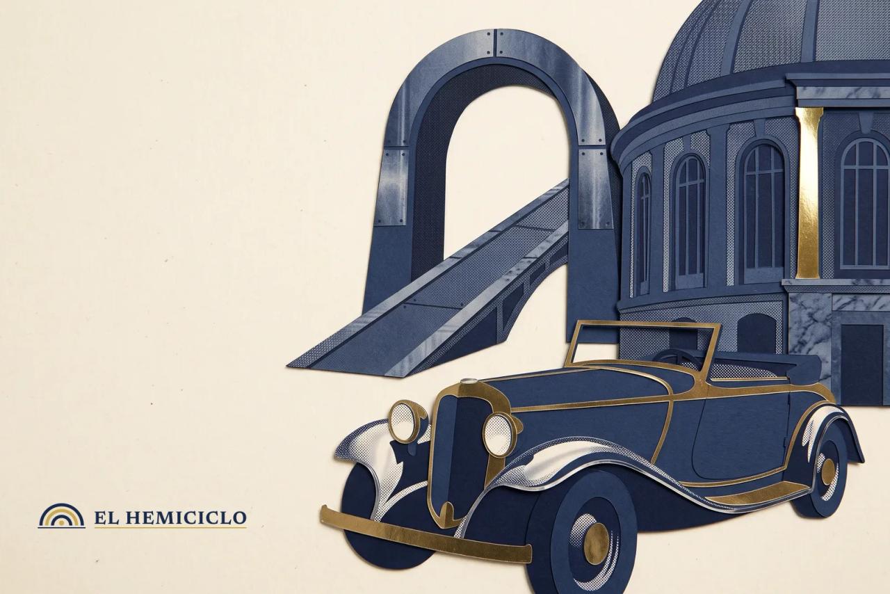 Ilustración de El Hemiciclo · el automóvil clásico bajo el arco de meta frente a Bellas