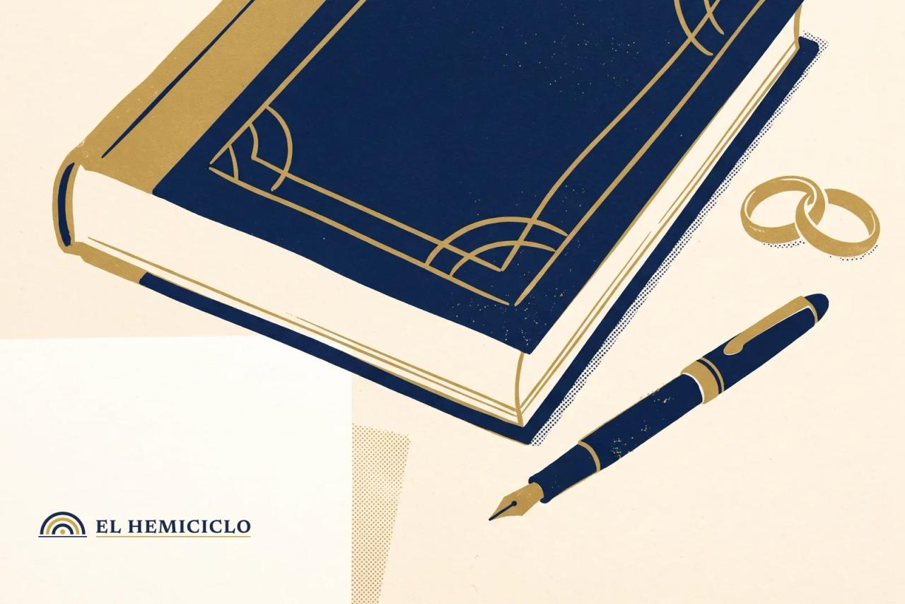 Ilustración de El Hemiciclo · el libro 'Bloodlines' y los anillos separados del matrimonio
