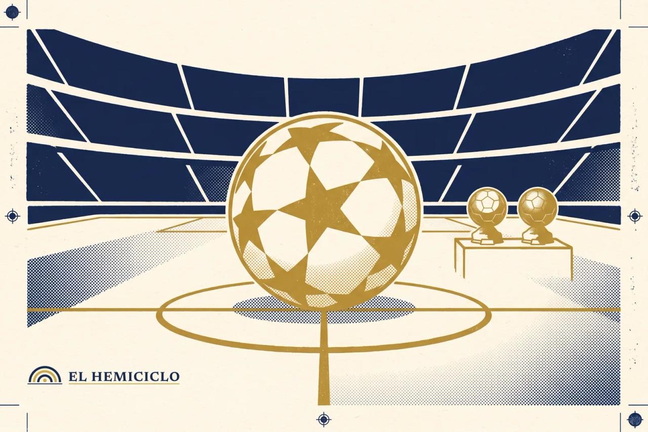 Ilustración de El Hemiciclo · el balón de la Champions y los dos trofeos del Balón de Oro