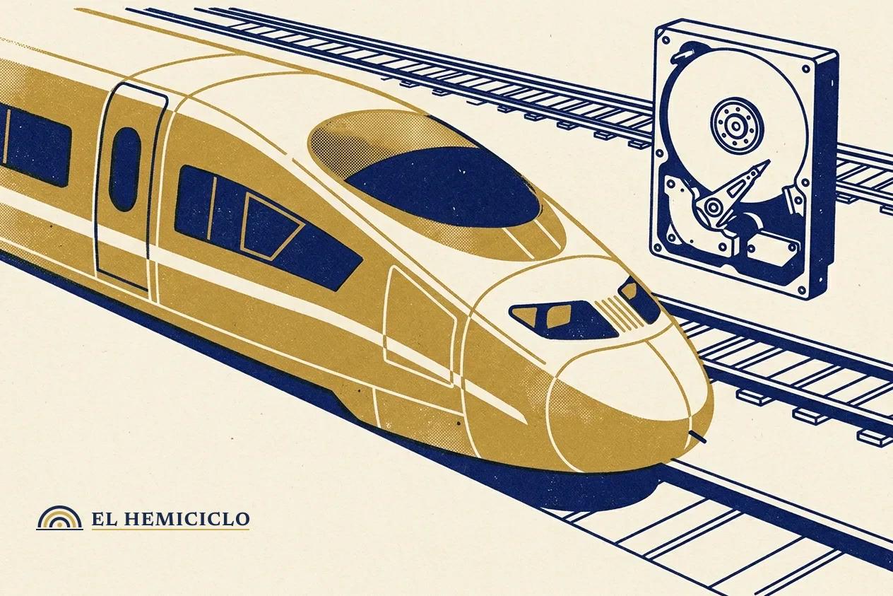 Ilustración de El Hemiciclo · el vagón del Talgo y el disco duro con los datos borrados