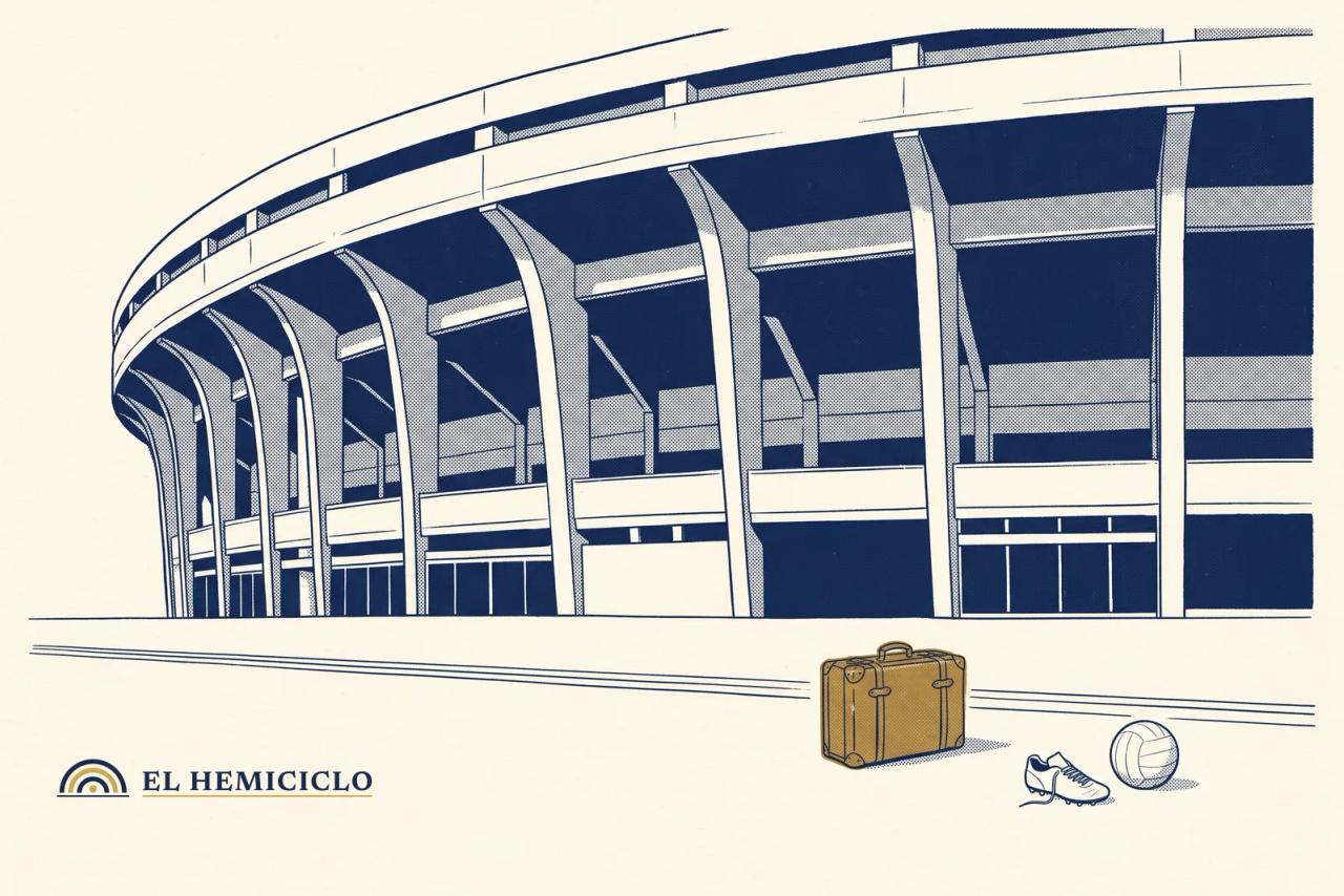 Ilustración de El Hemiciclo · el estadio de Atlético Nacional y la maleta del traspaso