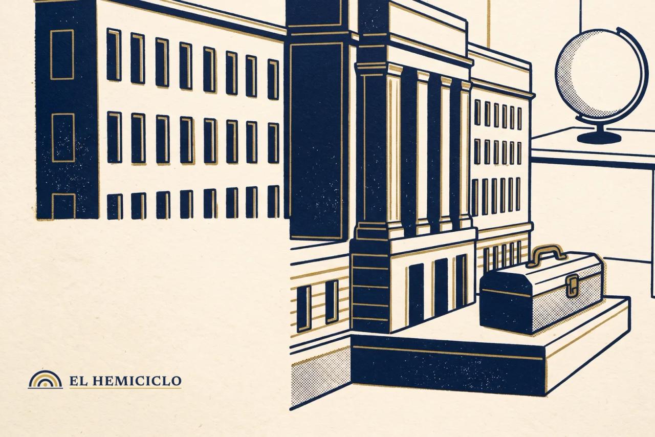 Ilustración de El Hemiciclo · la fachada del mando militar y el maletín de los técnicos
