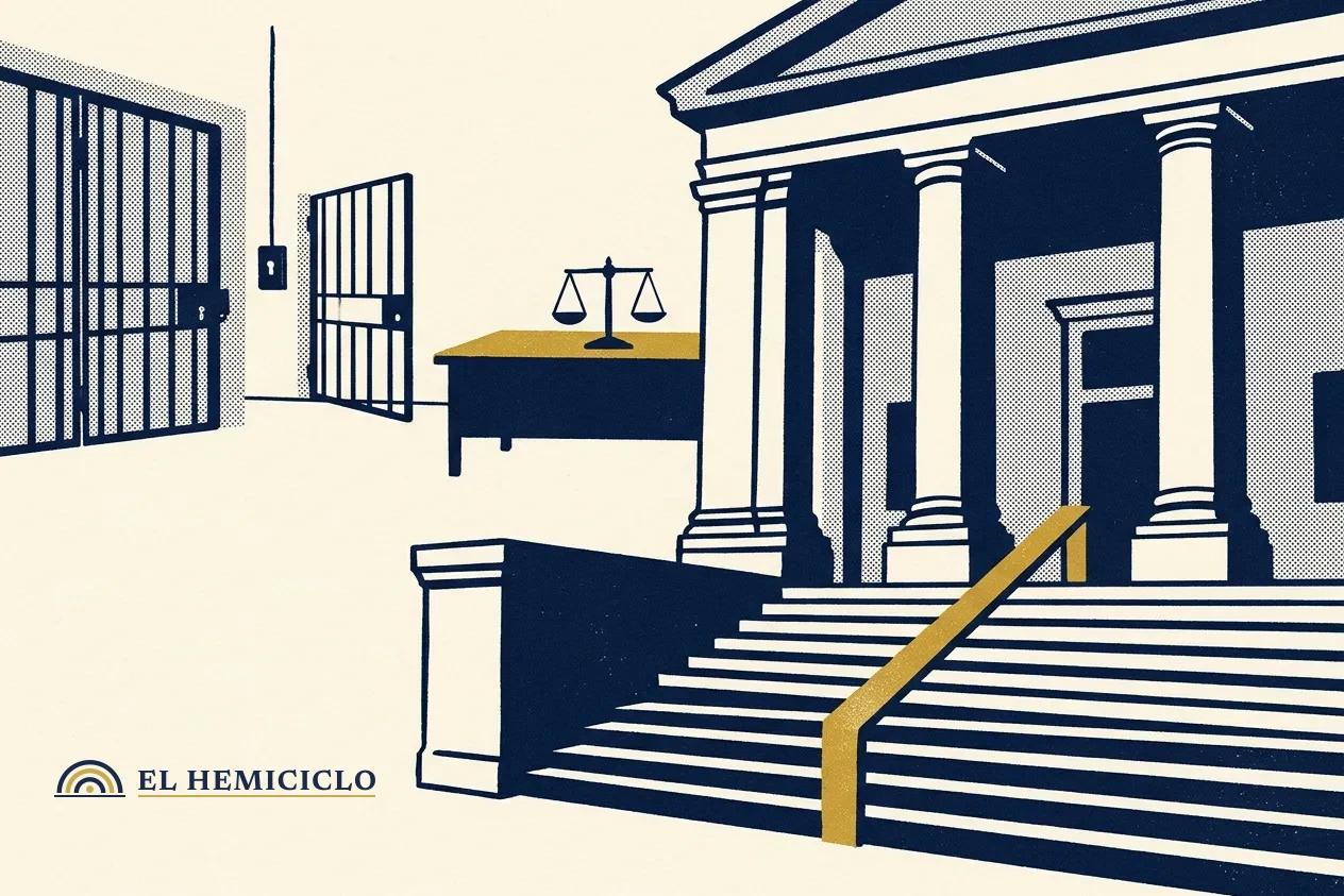 Ilustración de El Hemiciclo · la fachada de la Fiscalía y la celda cerrada tras la captura
