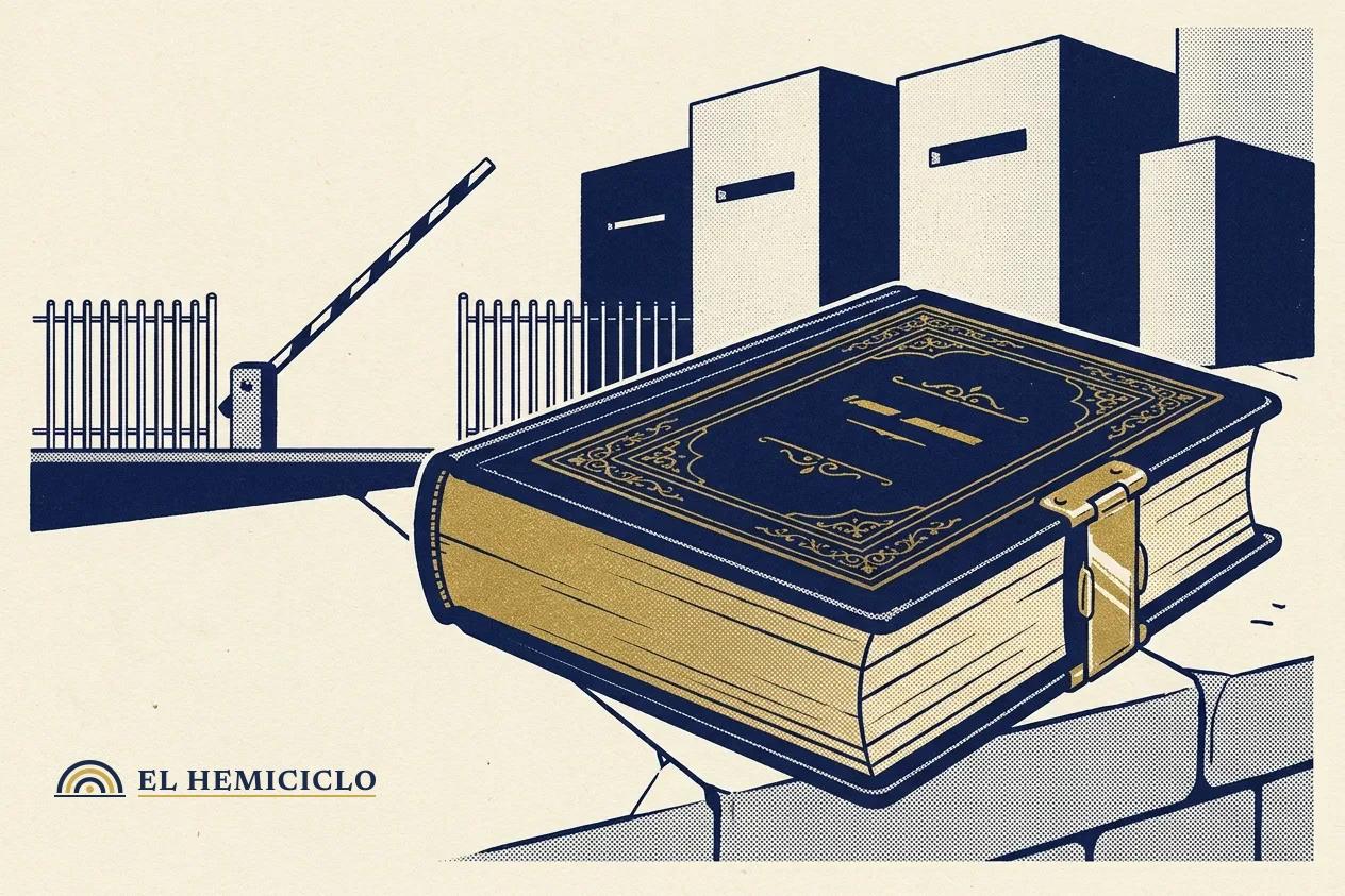 Ilustración de El Hemiciclo · el libro de la ley china y la barrera fronteriza