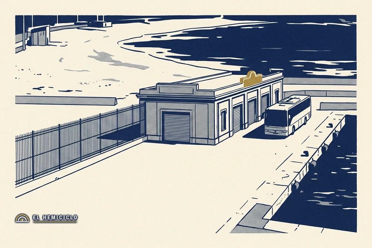 Ilustración de El Hemiciclo · el traslado de migrantes en el puerto de Ceuta