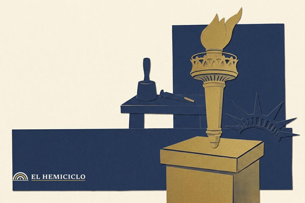 Ilustración de El Hemiciclo · la antorcha de bronce y las herramientas del taller