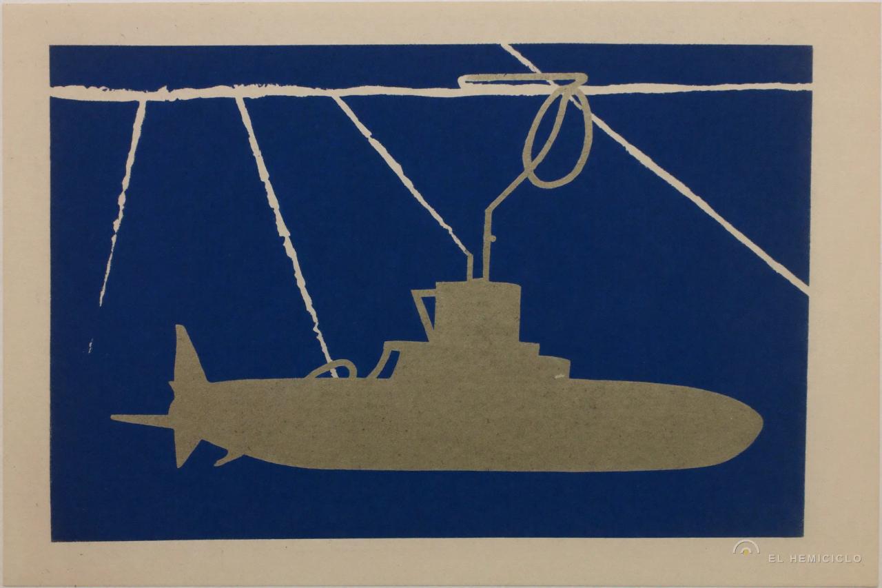 Silueta de un submarino conectado a cables suspendidos contra un fondo azul oscuro