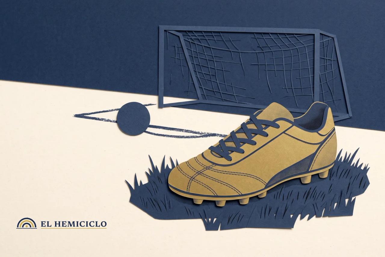 Ilustración de El Hemiciclo · la bota en el césped y la portería vacía