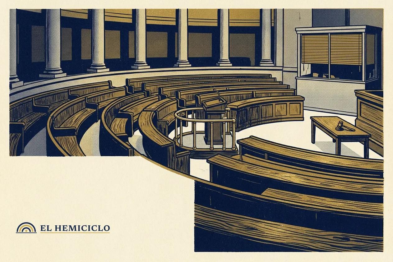 Ilustración de El Hemiciclo · el hemiciclo vacío de la Asamblea y la cabina