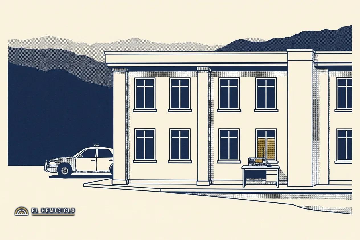 Ilustración de El Hemiciclo · la fachada institucional y la patrulla vacía en Nariño