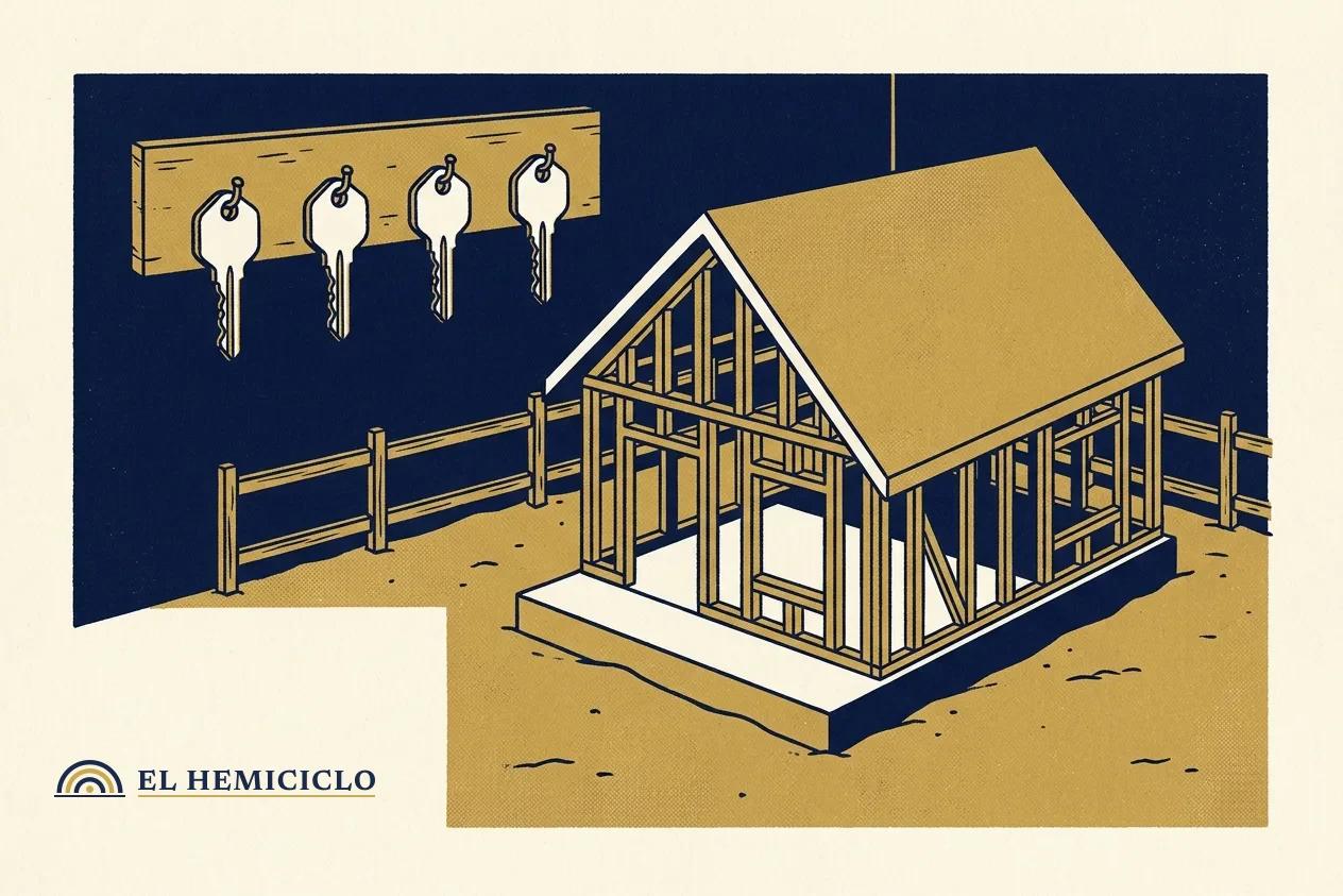Ilustración de El Hemiciclo · la maqueta de casas de Villa Grecia y las cuatro llaves
