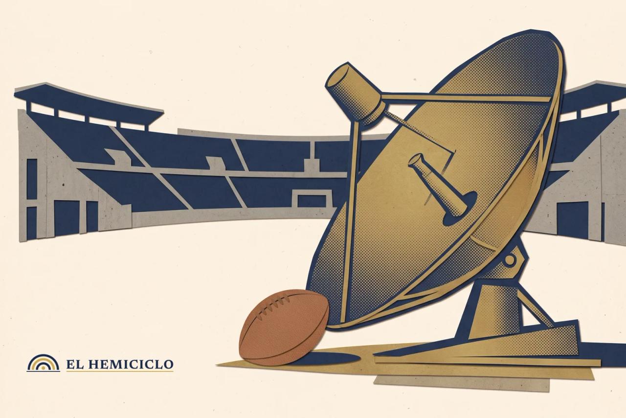 Ilustración de El Hemiciclo · la antena de retransmisión y el balón del Mundial 2030