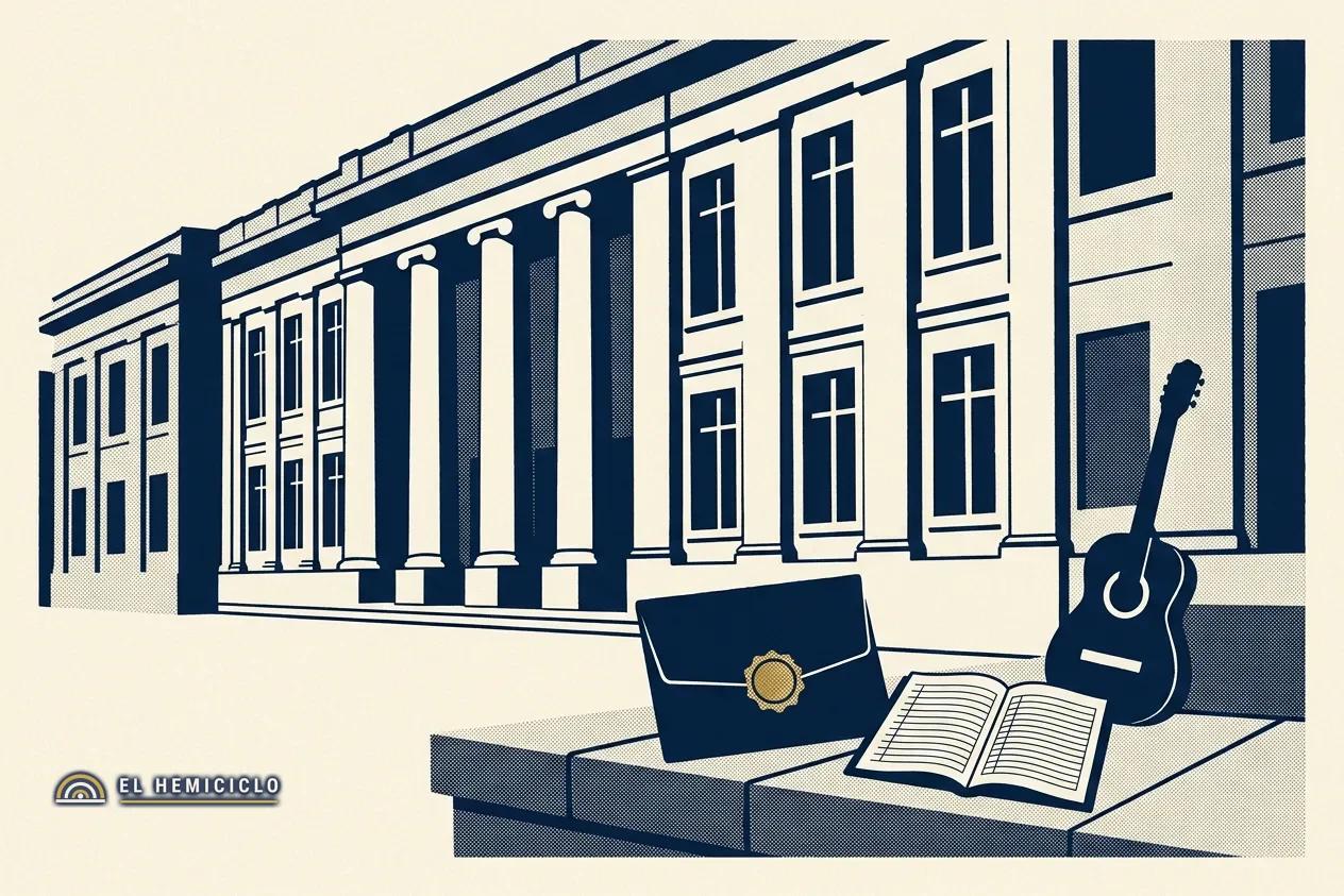 Ilustración de El Hemiciclo · la fachada de la Fiscalía y el expediente del traspaso