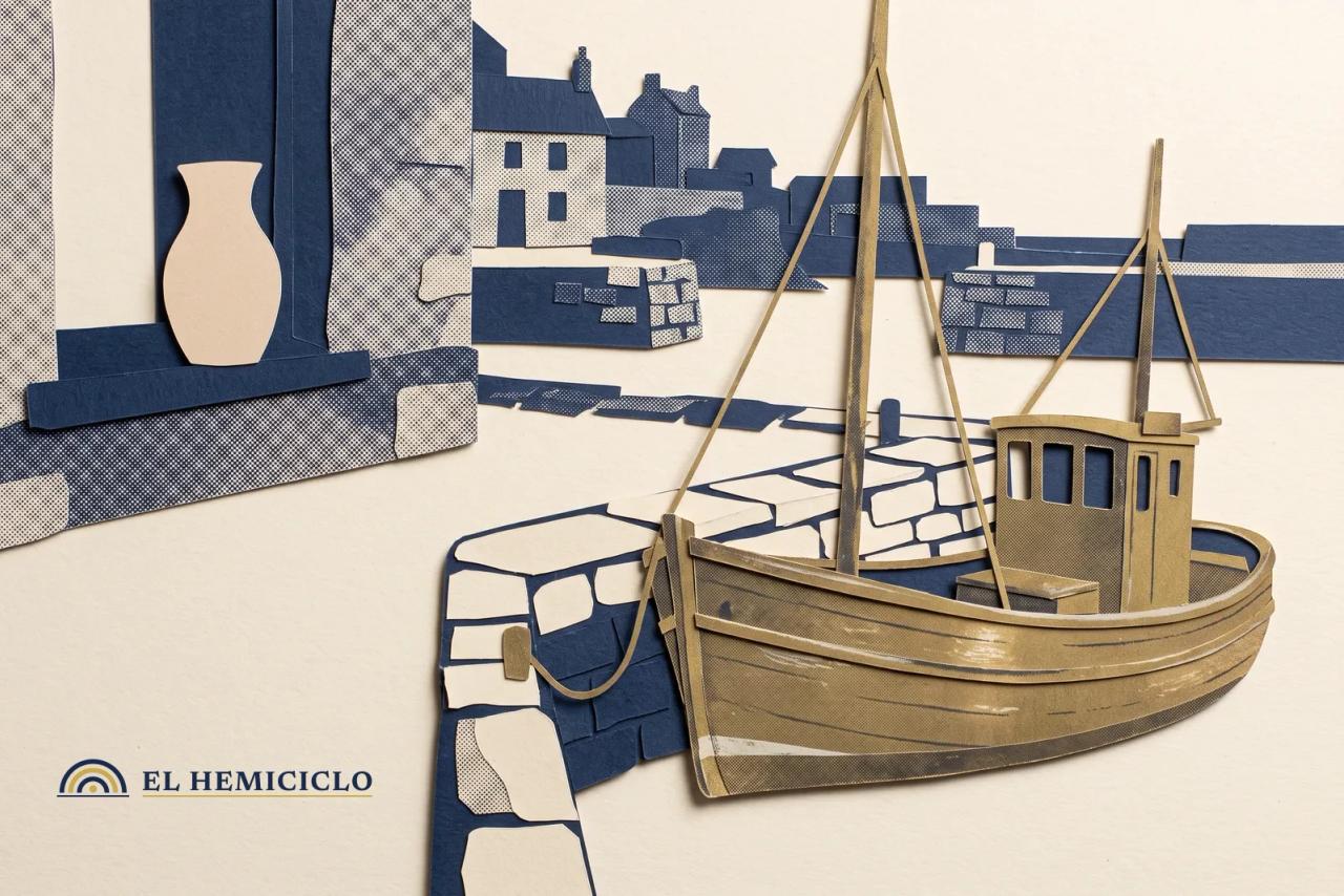Ilustración de El Hemiciclo · la barca de 'El último barco' amarrada en la ría de Vigo
