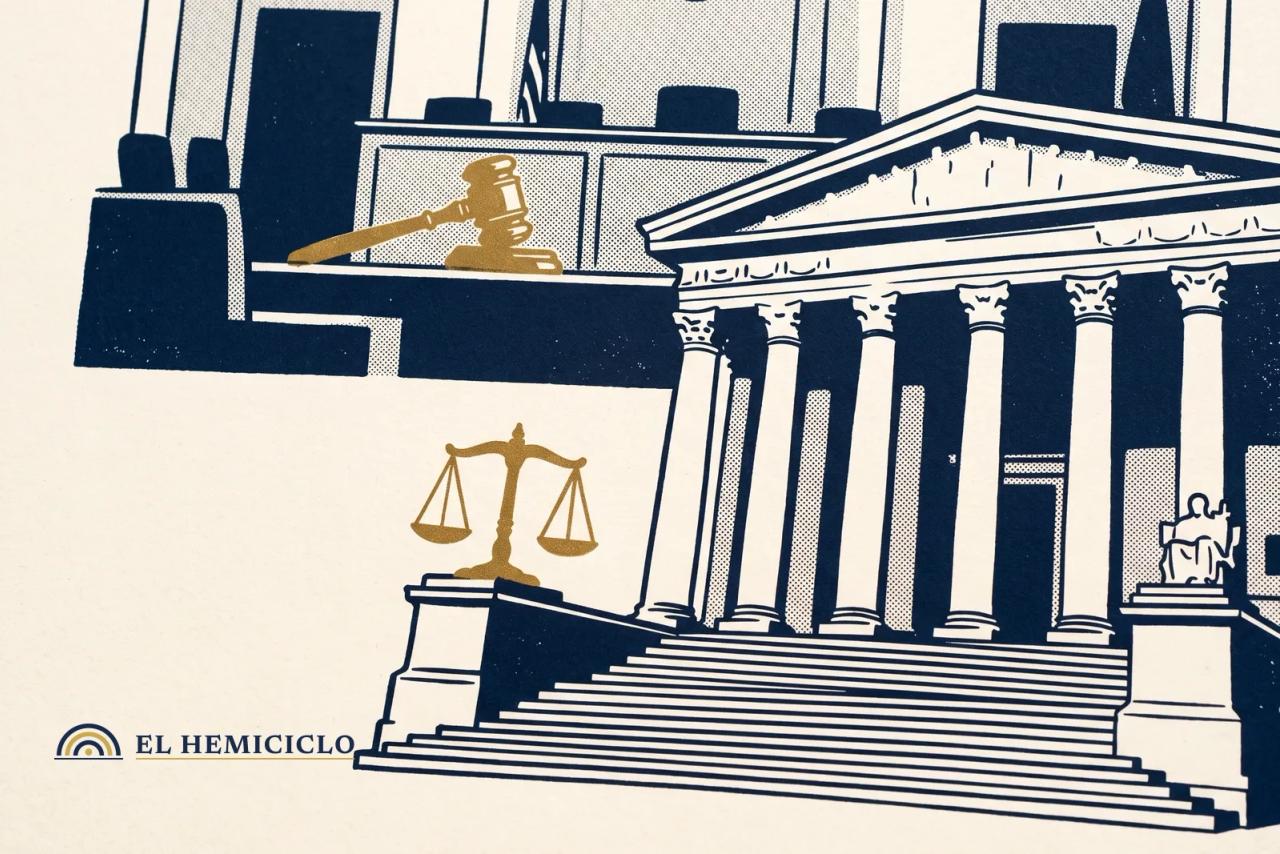 Ilustración de El Hemiciclo · la fachada del tribunal y la balanza de la justicia