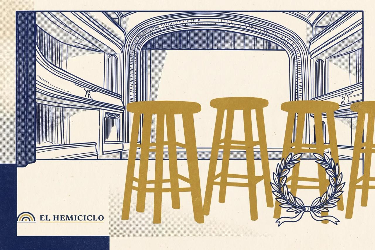 Ilustración de El Hemiciclo · los banquillos vacíos en el escenario del Nuevo Teatro