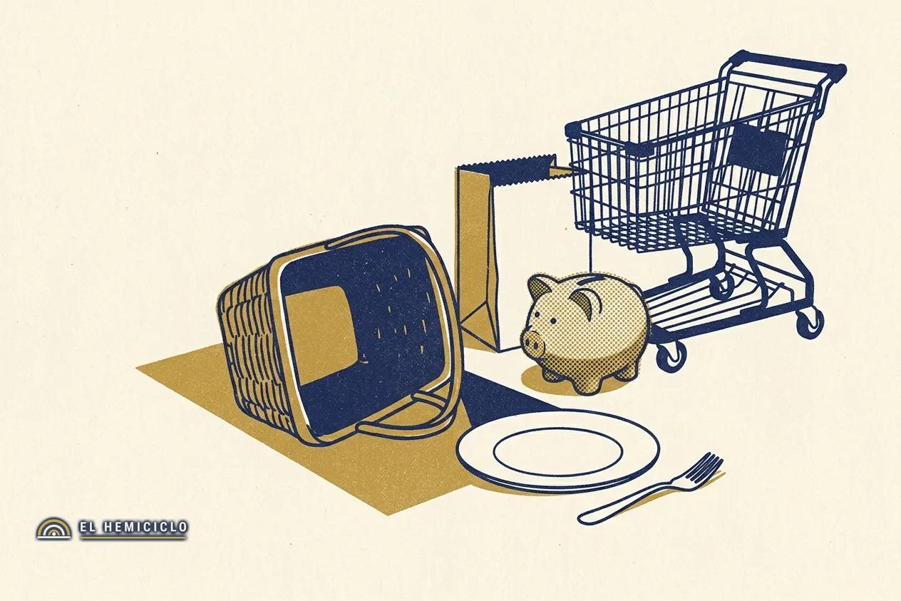 Ilustración de El Hemiciclo · la canasta básica vacía y el gasto en alimentos