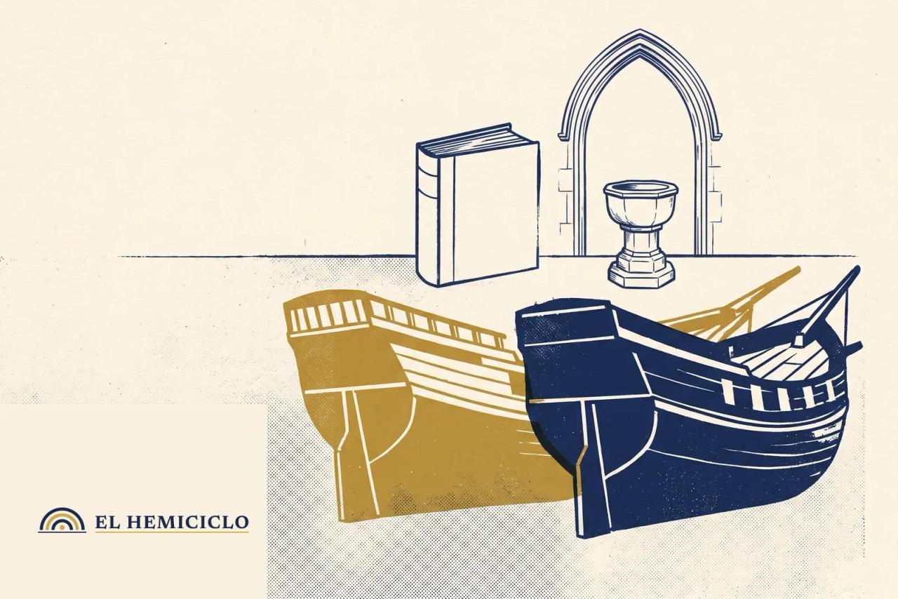 Ilustración de El Hemiciclo · los dos cascos de velero y el libro del intercambio
