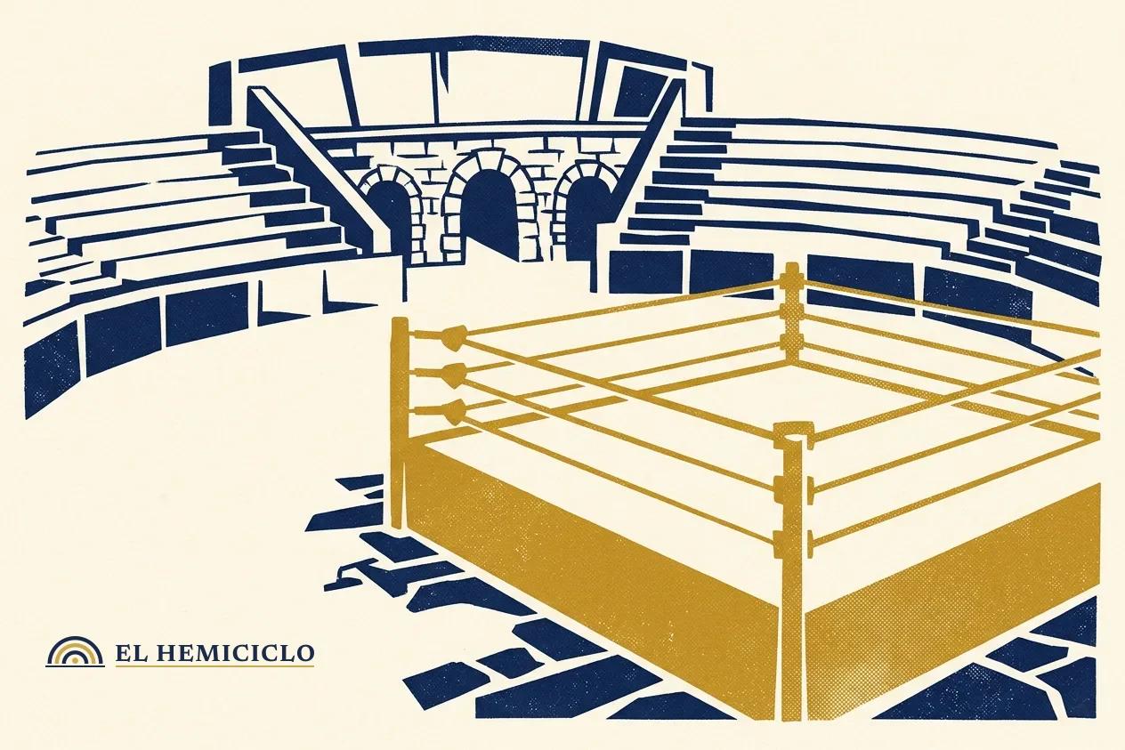 Ilustración de El Hemiciclo · el ring vacío de la Arena Coliseo bajo su fachada en forma