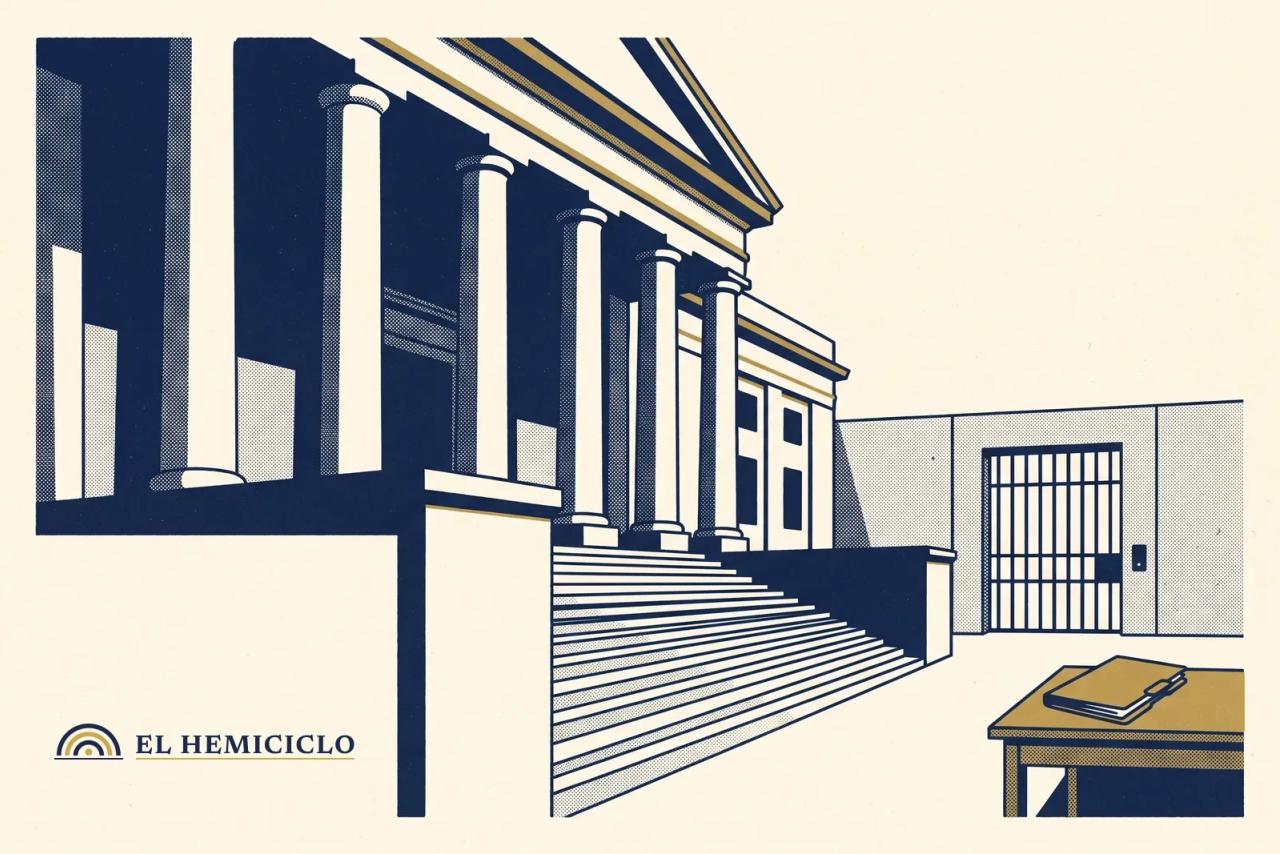 Ilustración de El Hemiciclo · la fachada de la Fiscalía de Sinaloa y la puerta del penal