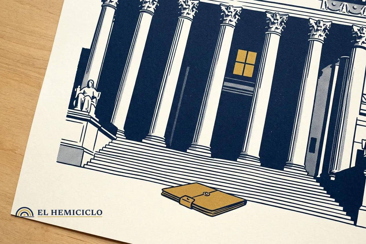 Ilustración de El Hemiciclo · la fachada del Tribunal Supremo y el expediente cerrado